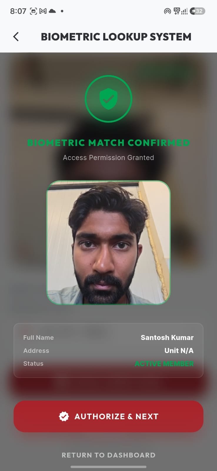 GG Face Biometrics - Biometric Match Confirmed Screen